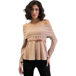 sassafras Beige Off-Shoulder Belted Peplum Top-picture-52