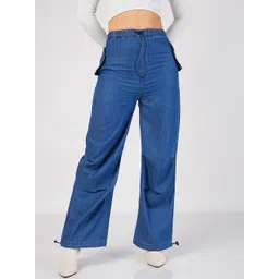 SASSAFRAS Blue Women Straight Fit Denim Cargos Trousers-picture-41