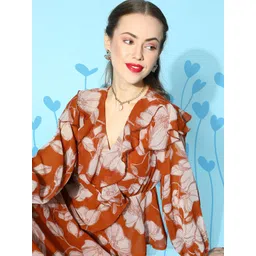 SASSAFRAS Brown & Beige Floral Print Ruffles Top-picture-24