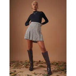 SASSAFRAS Brown & White Checked Pleated Pure Cotton A-Line Mini Skirt-picture-20