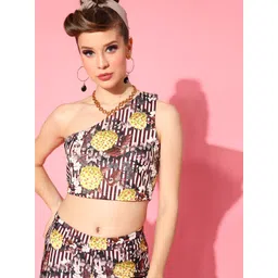 SASSAFRAS Brown & Yellow Floral Print One Shoulder Crop Top-picture-26