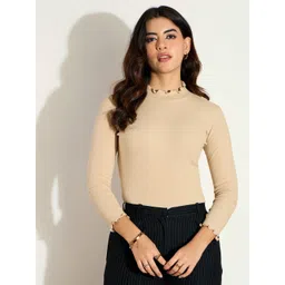 sassafras Casual Regular Sleeves Solid Women Beige Top-picture-11