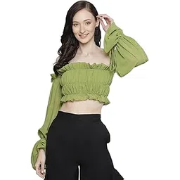 sassafras Green Off Shoulder Ruched Crop Top-picture-55