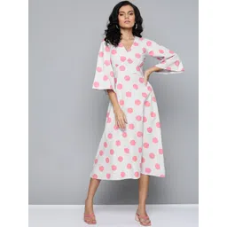 SASSAFRAS Grey & Pink Polka Dots Cotton Linen A-Line Dress-picture-42