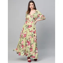 SASSAFRAS Lime Green & Pink Floral Printed Maxi Dress-picture-52
