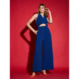 SASSAFRAS Navy Blue Halter Neck Basic Jumpsuit With Ruffles-picture-13