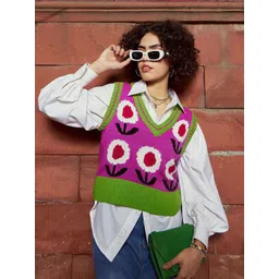 SASSAFRAS Pink & Green Floral Printed Woolen Sweater Vest-picture-17