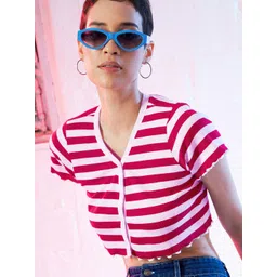 SASSAFRAS Red & White Striped Cotton V-Neck Crop Top-picture-41