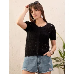 SASSAFRAS Self Design Round Neck Crochet Shirt Style Top-picture-41