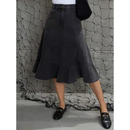 SASSAFRAS Solid Black Washed Denim Flared skirt image 3