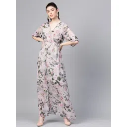SASSAFRAS Taupe & Green Floral Printed Maxi Dress-picture-35