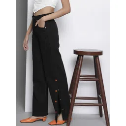 SASSAFRAS Women Black Comfort Straight Fit High-Rise Side Slit Stretchable Jeans-picture-10