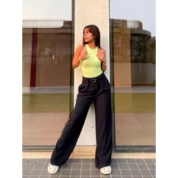 SASSAFRAS Women Black High-Rise Pleated Graduated Flare Trousers image 5