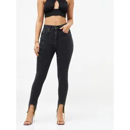 SASSAFRAS Women Black Slim Fit High-Rise Clean Look Embellished Stretchable Jeans-picture-30