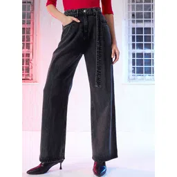 SASSAFRAS Women Black Straight Fit Belted High-Rise Light Fade Pure Cotton  Jeans-picture-25