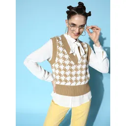 SASSAFRAS Women Brown & White Houndstooth Design Sweater Vest-picture-33