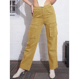 SASSAFRAS Women Brown Straight Fit High-Rise Clean Look Pure Cotton Cargo Jeans-picture-38