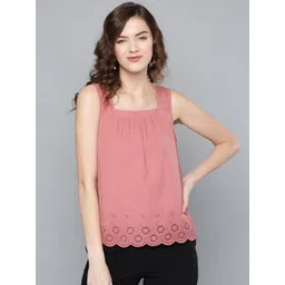 SASSAFRAS Women Dusty Pink Pure Cotton Schiffli Detail Regular Top-image-17
