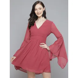 SASSAFRAS Women Dusty Pink Solid Bell Sleeves A-Line Dress-picture-38