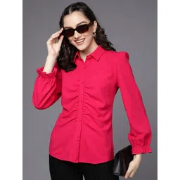 SASSAFRAS Women Fuchsia Pink Shimmer Fitted Ruched Shirt-picture-42