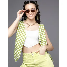 SASSAFRAS Women Green & Off-White Checkered Waistcoat-picture-26