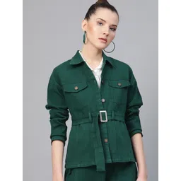 SASSAFRAS Women Green Solid Denim Jacket with Belt-picture-21