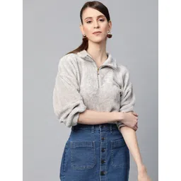 SASSAFRAS Women Grey Melange Faux Fur Solid Crop Sweatshirt-image-20