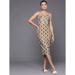 SASSAFRAS Women Mustard Yellow & Grey Printed Sheath Midi Dress-picture-41