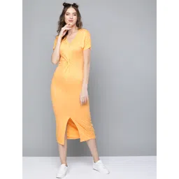 SASSAFRAS Women Mustard Yellow Front Knot Midi Sheath Dress-picture-36