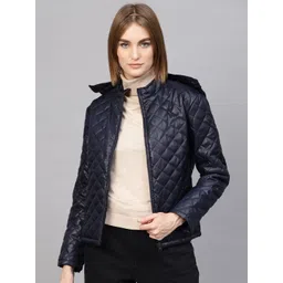 SASSAFRAS Women Navy Blue Solid Quilted Jacket with Detachable Hood-picture-21