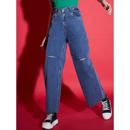 SASSAFRAS Women Navy Blue Straight Fit High-Rise Slash Knee Stretchable Jeans-picture-16