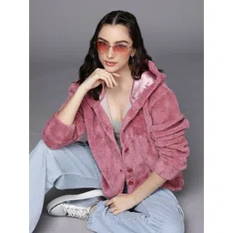 SASSAFRAS Women Pink Faux Fur Front Button Hooded Jacket-picture-26