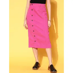 SASSAFRAS Women Pink Solid  Denim Midi Pencil Skirt-picture-10