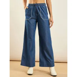 SASSAFRAS Women Pure Cotton Loose Fit High-Rise Parallel Trousers-image-11