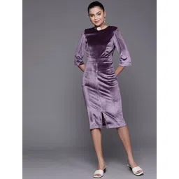 SASSAFRAS Women Purple Solid Velvet Sheath Midi Dress-picture-16