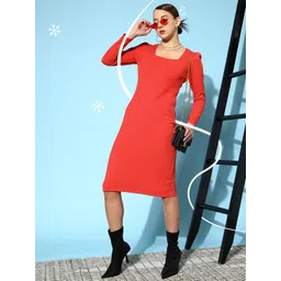 SASSAFRAS Women Red Bodycon Midi Dress-picture-13