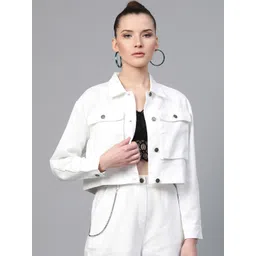 SASSAFRAS Women White Solid Crop Denim Jacket-picture-11