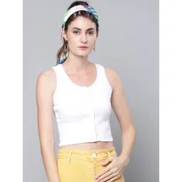 SASSAFRAS Women White Solid Ribbed Fitted Crop Top-image-37