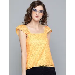 SASSAFRAS Women Yellow Floral Lace Regular Top-picture-41