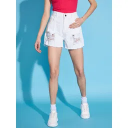 sassafras Solid Women Denim White Denim Shorts image 1