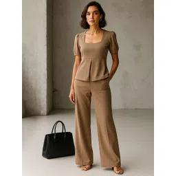 SASSAFRAS worklyf Women Solid Front Slit Top With Straight Pants-picture-13