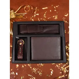 Sassora Brown Small Leather Bi-fold Wallet With Keychain & Pen Case Gift Set (Pack Of 3)-picture-16
