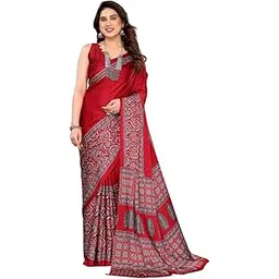 satika vastram Modal Silk Ajrakh Saree Ikkat Nakshi Bandhej Geometric Print Designer Pallu Attach Blouse Piece-picture-19