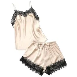 Satin Pajama Set with Lace Trim, Black Camisole and Shorts, Sleepwear for Women-picture-52