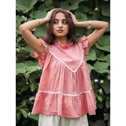 Satnam Handicrafts Gathered High Neck Flutter Sleeves Pure Cotton Blouson Top-picture-37