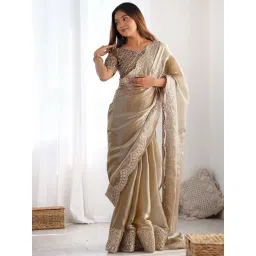 Satrani Beige Organza Embroidered Saree With Unstitched Blouse-picture-36