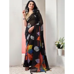 Satrani Black Floral Print Saree With Unstitched Blouse-picture-18