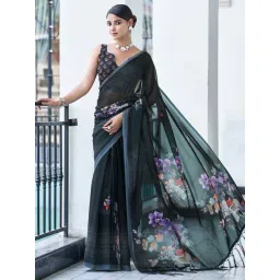 Satrani Black Floral Print Saree With Unstitched Blouse-picture-30