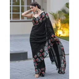 Satrani Black Floral Print Saree With Unstitched Blouse-picture-15