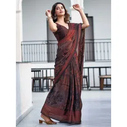 Satrani Brown & Rust Printed Saree With Unstitched Blouse-image-3